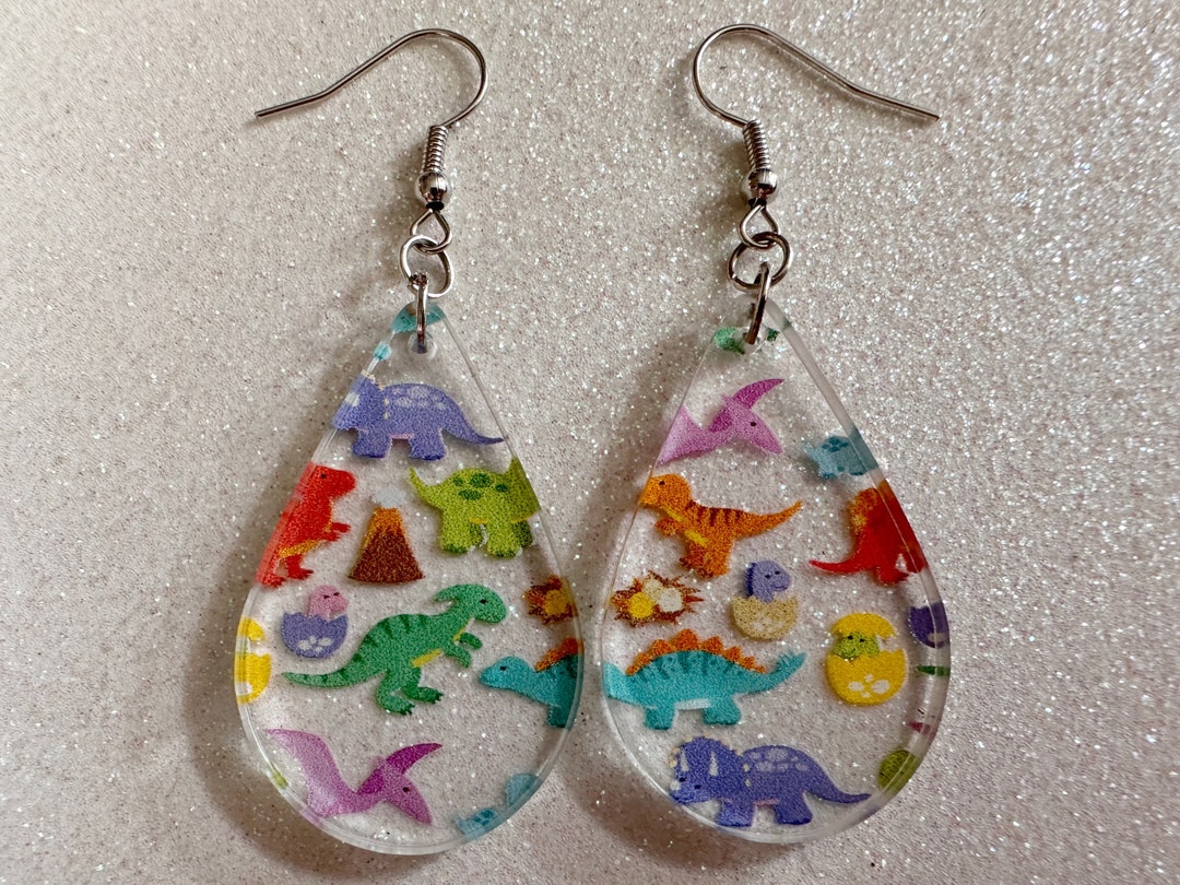 Dinosaur Earrings Laser Cut Acrylic Dinosaurs, Dinos, Tyrannosaurus Rex, Jurassic, Volcano