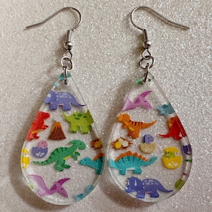 Dinosaur Earrings: Laser Cut Acrylic Dinosaurs, Dinos, Tyrannosaurus Rex, Jurassic, Volcano, Lava, Prehistoric, Best Gifts for Her/Him/Them