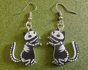 Dainty Halloween Cat Earrings: Laser Cut Acrylic Cat Skeletons, Black Cats, Spooky Cats, Kittens, Felines, Meow, Best Gifts for Her/Him/Them