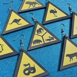 Animal Warning Sign Earrings: Laser Cut Acrylic Signs, Black & Yellow, Driving, Animal, Road Sign, Directions, Best Gifts for Her/Him/Them