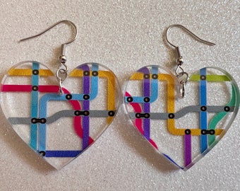 Subway Earrings: Laser Cut Acrylic Subway Map, NYC Subway, Metro, Underground, Travel, Train, U-Bahn, Colorful, Best Gifts for Her/Him/Them