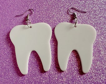 Big Tooth Earrings: Laser Cut Acrylic Teeth, Dentist, Dental Health, Teeth, Molar, Anatomy, Halloween, Gag Gift, Best Gifts for Her/Him/Them