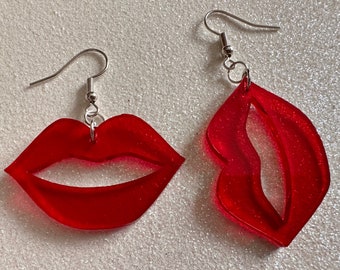 Red Lip Earrings: Laser Cut Acrylic Lips, Makeup, Girl, Woman, Love, Kiss, Cute, Valentines, Anniversary, Best Gifts for Her/Him/Them