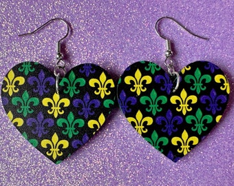 Orecchini Mardi Gras Per Donna - Viola, Verde, Oro Con Perline E Fleur De Lis, Carnevale, Gioielli Festivi