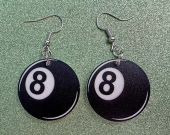 Eight Ball Earrings: Laser Cut Acrylic 8 Balls, Eight Ball Pool Balls, Billiard, Pool Rack, Sports, Hobby, Pub, Best Gifts for Her/Him/Them