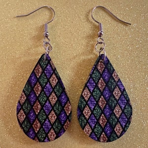 Mardi Gras Earrings: Laser Cut Acrylic Carnival Earrings, Purple, Gold, Green Earrings, New Orleans, Fleur-de-lis, Gifts for Her/Him/Them