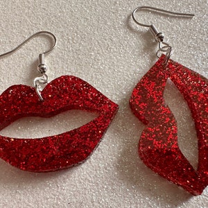 Glittery Lip Earrings: Laser Cut Acrylic Lips, Makeup, Girl, Woman, Love, Kiss, Valentines, Anniversary, Best Gifts for Her/Him/Them
