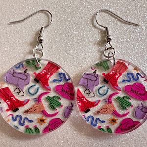 Cowboy Theme Earrings: Laser Cut Acrylic Cowboy Hat, Cowbow Boots, Saddle, Cactus, Cacti, Cowgirl, Western, Best Gifts for Her/Him/Them