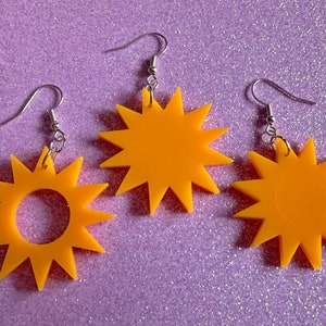 Sun Earrings: Laser Cut Acrylic Suns, Sunshine, Hot Weather, Good Weather, Warm Climate, Gifts for Her/Him/Them