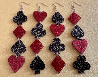 Playing Card Suit Earrings: Laser Cut Acrylic Heart, Diamond, Spades, Clubs, Game Night, Gamble, Poker, Casino, Best Gifts for Her/Him/Them