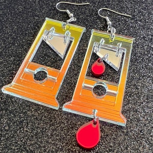 Iridescent Guillotine Earrings: Halloween, Scary, Horror, Execution, Death, Decapitation, Laser Cut Acrylic, Best Gifts for Her/Him/Them