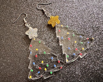 Christmas Tree Earrings: Laser Cut Acrylic Christmas Trees with Fairy Lights, Christmas Lights, Xmas, X-mas, Winter, Gifts for Her/Him/Them