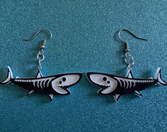 Dainty Halloween Shark Earrings: Laser Cut Acrylic Sharks, Fish, Skeleton, Novelty Costume Jewelry, Gag Gift, Best Gifts for Her/Him/Them