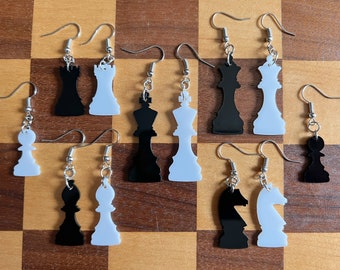 Chess Earrings: Laser Cut Acrylic Chess Pieces, Board Game, King, Queen, Pawn, Gifts for Her/Him/Them