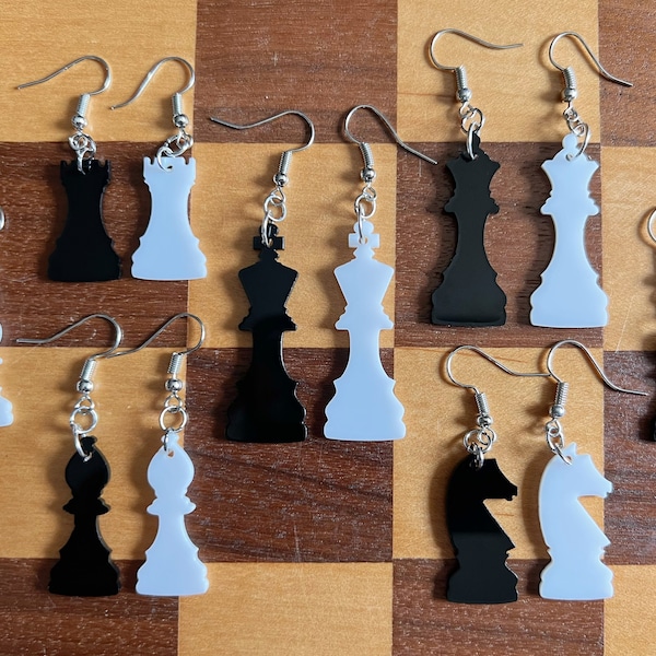 Chess Earrings: Laser Cut Acrylic Chess Pieces, Board Game, King, Queen, Pawn, Knight, Tower, Best Gifts for Her/Him/Them