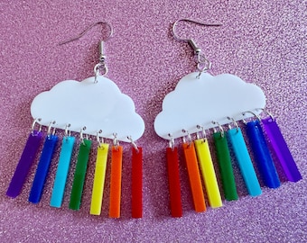 Rainbow Earrings: Laser Cut Acrylic Rainbow Clouds, Pride, Hawaii, Aloha, Summer Vibes, Happy, Colorful, Best Gifts for Her/Him/Them