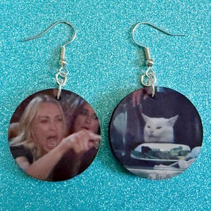 Woman Yelling At A Cat Meme Earrings: Wooden Sublimated Meme Earrings, Cat Memes, Smudge, Novelty, Pop Culture, Best Gifts for Her/Him/Them