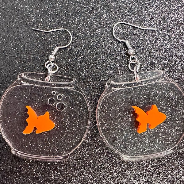 Goldfish in a Fishbowl Earrings: Laser Cut Acrylic Fish, Fishbowl, Aquarium, Fish, Pet, Animals, Orange Fishes, Best Gifts for Her/Him/Them