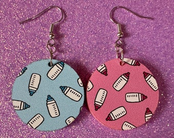 Gender Reveal Earrings: Laser Cut Acrylic Baby Bottle Earrings, Baby Shower, Mothers Day, Boy, Girl, Pink, Blue, Best Gifts for Her/Him/Them