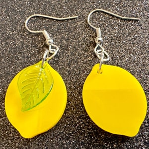 Lemon Earrings: Laser Cut Acrylic Lemons with Green Leaves, Lemonade, Fruit, Citrus, Food Earrings, Best Gifts for Her/Him/Them