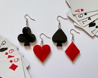 Brincos de naipe de cartas de baralho: coração acrílico cortado a laser, diamante, espadas, paus, noite de jogo, jogo, pôquer, cassino, melhores presentes para ela/ele/eles