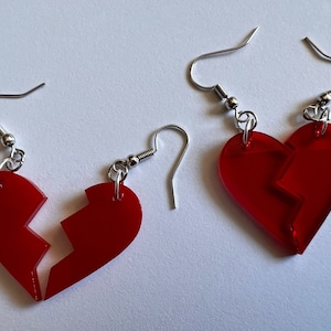 Broken Heart Earrings: Laser Cut Acrylic Fitting Heart Halves, Love, Heartbreak, Best Friends, Valentines Gifts for Her/Him/Them