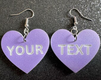 Custom Text Earrings: Laser Engraved Words, Lavender with White Text, Letters, Names, Teacher Gift, Anniversary, Best Gifts for Her/Him/Them