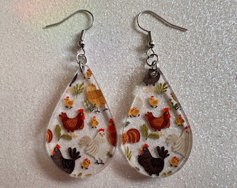 Chicken Earrings: Laser Cut Acrylic Chickens, Rooster, Farm Animals, Cottage Core, Chicks, Hens, Birds, Country, Best Gifts for Her/Him/Them