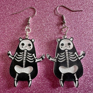 Dainty Halloween Bear Earrings: Laser Cut Acrylic Bears, Mammal Skeleton, Novelty Costume Jewelry, Gag Gift, Best Gifts for Her/Him/Them