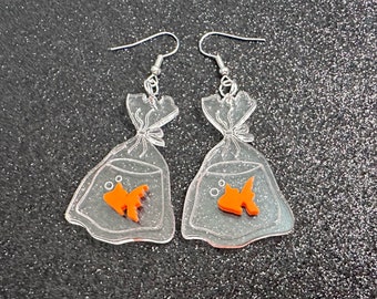 Fish in a Bag Earrings: Laser Cut Acrylic Fish, Plastic Bag Fish, Unique Pets, Orange Fishes, Novelty Earrings, Best Gifts for Her/Him/Them