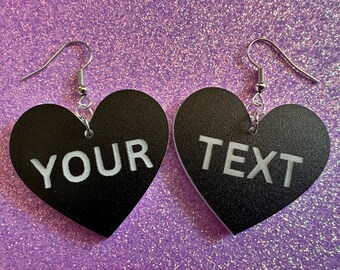 Custom Text Earrings: Laser Engraved Words, Black with White Text, Letters, Names, Teacher Gift, Anniversary, Best Gifts for Her/Him/Them