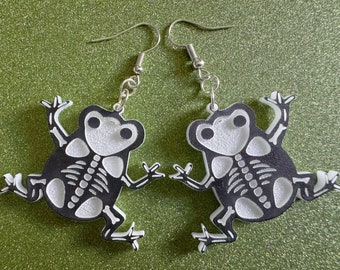 Dainty Halloween Frog Earrings: Laser Cut Acrylic Frogs, Amphibian Skeleton, Novelty Costume Jewelry, Gag Gift, Best Gifts for Her/Him/Them