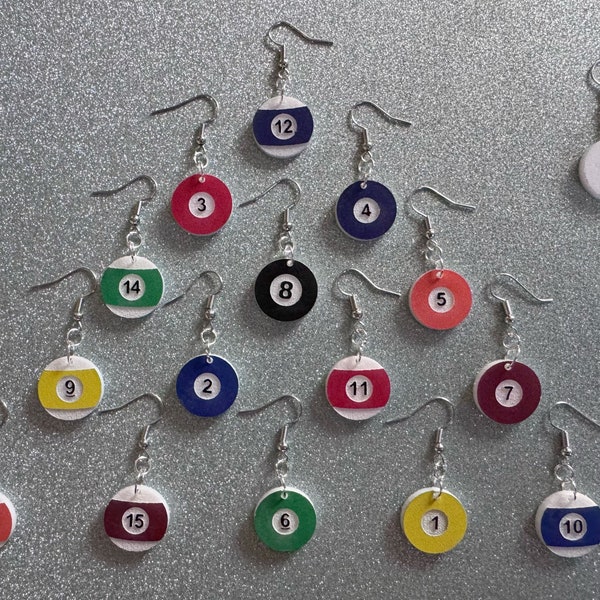 Billiard Ball Earrings: Laser Cut Acrylic Pool Balls, Pool Rack, Sports, Game Night, Eight Ball, Best Gifts for Her/Him/Them