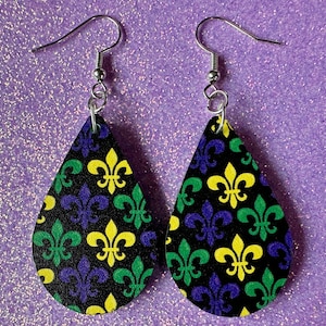 Fleur De Lis Earrings: Laser Cut Acrylic Mardi Gras Symbols, Purple, Gold, Green Earrings Carnival, New Orleans, Best Gifts for Her/Him/Them