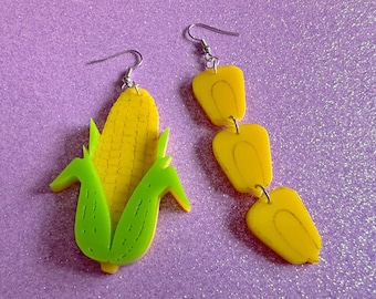 Corn Earrings: Laser Cut Acrylic Kernels & Corn Stalk, Farm, Gardening, Vegetables, Food Earrings, Green Earrings, Gifts for Her/Him/Them