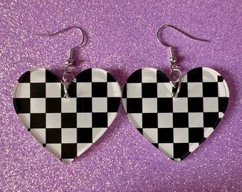 Checkered Earrings: Laser Cut Acrylic Chess Board Earrings, Board Game, Check Pattern, Black and White, Best Gifts for Her/Him/Them
