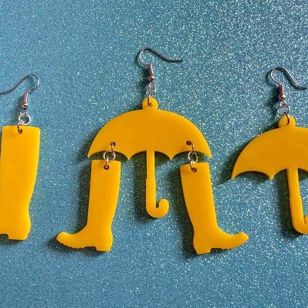 Rain Boots & Umbrella Earrings: Laser Cut Acrylic Umbrellas, Rain, Weather, Rainy Day, Yellow, Rubber Boots, Best Gifts for Her/Him/Them