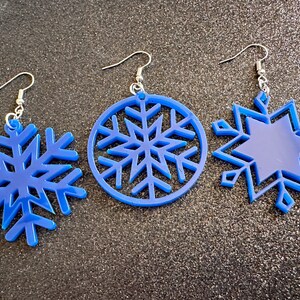Blue Snowflake Earrings: Laser Cut Acrylic Snowflakes, Stormy Weather, Snowing, Snow Storm, Winter, Gifts for Her/Him/Them
