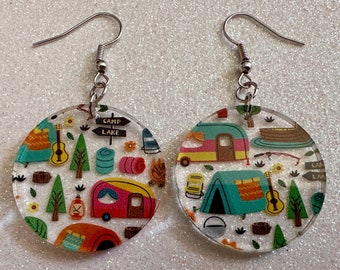 Camping Earrings: Laser Cut Acrylic Campsites, Tent, Glamping, Camp Fire, Forest, Nature, Travel, Adventure, Trip, Gifts for Her/Him/Them
