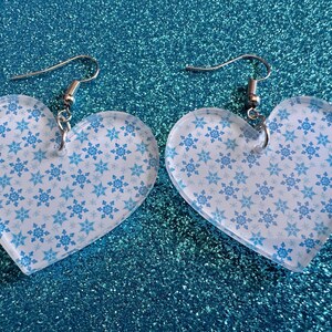 Snowflake Heart Earrings: Laser Cut Acrylic Snowflakes, Hearts, White Christmas, Snowing, Snow Storm, Winter, Best Gifts for Her/Him/Them