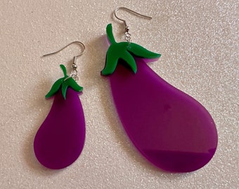 Purple Eggplant Earrings: Laser Cut Acrylic Obergine, Vegetable, Food, Veggies, Vegan, Eggplant Emoji, Food Earrings, Gifts for Her/Him/Them