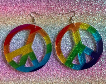 Rainbow Peace Sign Earrings: Laser Cut Acrylic Peace Signs, Hippie, Hipster, Love, 80s, No War, Happiness, Happy, Gifts for Her/Him/Them