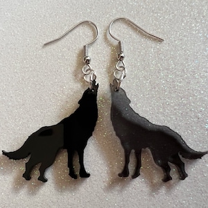 Wolf Earrings: Laser Cut Acrylic Wolves Howling at Moon, Halloween, Holiday, Dog, Canine, Horror, Scary, Spooky, Best Gifts for Her/Him/Them