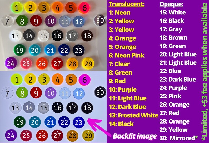May include: A chart showing 30 different color options for round, numbered, plastic discs. The chart is divided into two sections: Translucent and Opaque. Each color option is numbered 1 through 30. The text "Backlit image" is written below the chart. The text "*Limited, +$3 fee applies when available" is written to the right of the chart.
