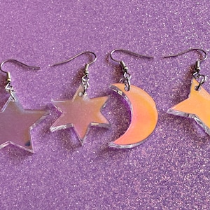 Iridescent Star and Moon Earrings: Laser Cut Acrylic Stars, Magic, Night Sky, Astrology, Astronomy, Gifts for Her/Him/Them