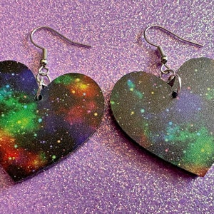 Galaxy Heart Earrings: Laser Cut Acrylic Space Earrings, Astronomy, Stars, Planets, Astrology, NASA, Nebula, Magic, Gifts for Her/Him/Them