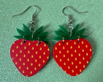 Strawberry Earrings: Laser Cut Acrylic Strawberries, Fruit, Juicy, Summer Vibes, Food Earrings, Green Earrings, Best Gifts for Her/Him/Them
