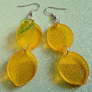 Lemon Earrings: Laser Cut Acrylic Lemons with Green Leaves, Lemonade, Fruit, Citrus, Food Earrings, Gifts for Her/Him/Them