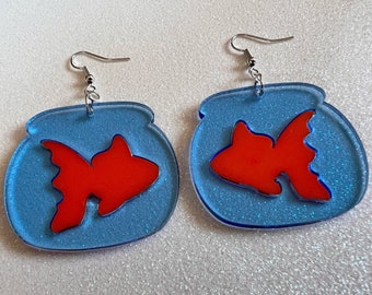 Goldfish Earrings: Laser Cut Acrylic Fish, Fishbowl, Aquarium, Animals, Orange Fishes, Best Gifts for Her/Him/Them