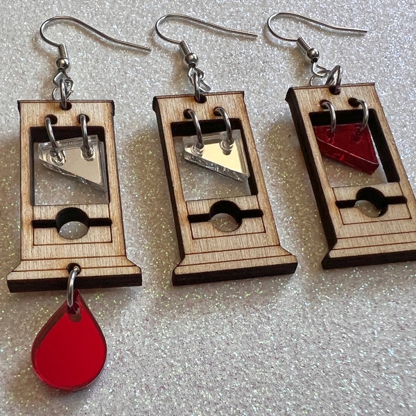 Mini Guillotine Earrings: Halloween, Scary, Horror, Execution, Death, Decapitation, Laser Cut Acrylic & Wood, Gifts for Her/Him/Them